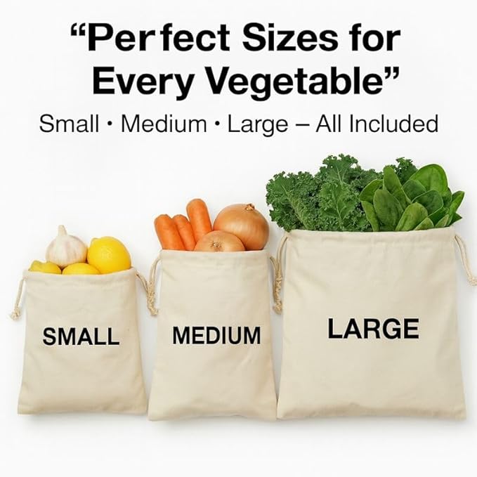 100% Cotton Reusable Vegetable Storage Bags Pack of 12 | Fridge & Kitchen Produce Bags with Drawstring | Eco-Friendly Fruit & Vegetable Storage Bags (4 Large, 4 Medium, 4 Small) - Image 5