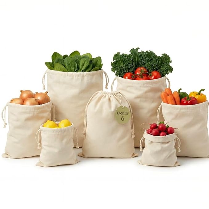 100% Cotton Reusable Vegetable Storage Bags Pack of 12 | Fridge & Kitchen Produce Bags with Drawstring | Eco-Friendly Fruit & Vegetable Storage Bags (4 Large, 4 Medium, 4 Small)