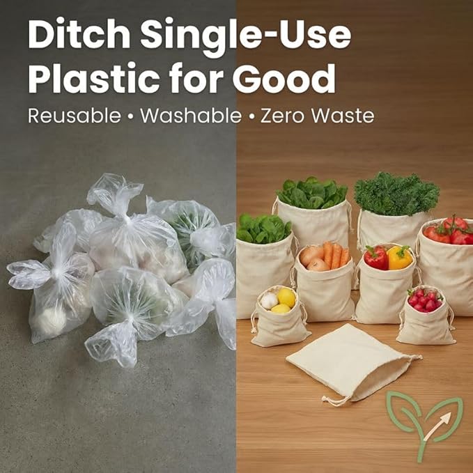 100% Cotton Reusable Vegetable Storage Bags Pack of 12 | Fridge & Kitchen Produce Bags with Drawstring | Eco-Friendly Fruit & Vegetable Storage Bags (4 Large, 4 Medium, 4 Small) - Image 4