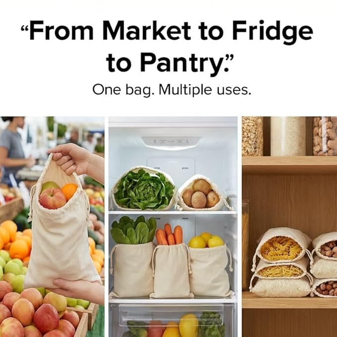 100% Cotton Reusable Vegetable Storage Bags Pack of 12 | Fridge & Kitchen Produce Bags with Drawstring | Eco-Friendly Fruit & Vegetable Storage Bags (4 Large, 4 Medium, 4 Small) - Image 7