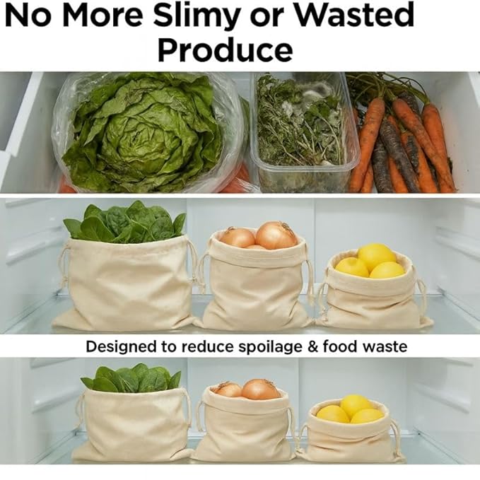 100% Cotton Reusable Vegetable Storage Bags Pack of 12 | Fridge & Kitchen Produce Bags with Drawstring | Eco-Friendly Fruit & Vegetable Storage Bags (4 Large, 4 Medium, 4 Small) - Image 3
