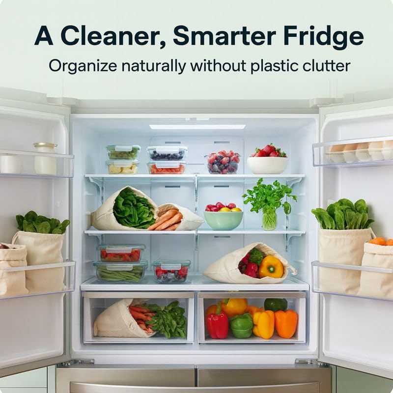 100% Cotton Reusable Vegetable Storage Bags Pack of 12 | Fridge & Kitchen Produce Bags with Drawstring | Eco-Friendly Fruit & Vegetable Storage Bags (4 Large, 4 Medium, 4 Small) - Image 8