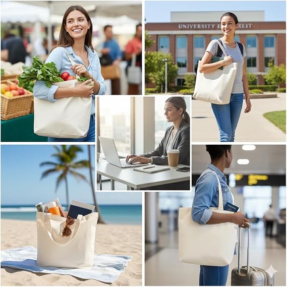Cotton Canvas Tote Bag 15 x 16 Inch, Reusable Grocery Shopping Bag with Long Handles, Heavy Duty Eco-Friendly Cloth Tote for DIY, Printing, Gifts & Daily Use - Image 3