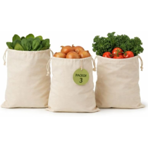 100% Cotton Reusable Vegetable Storage Bags Pack of 3 | Fridge & Kitchen Produce Bags with Drawstring | Eco-Friendly Fruit & Vegetable Storage Bags (1 Large, 1 Medium, 1 Small)