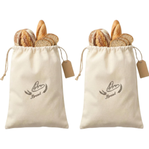 Bread Bags for Homemade & Sourdough Bread, Cotton Muslin Drawstring Storage Bags 14x17 Inch (2 Pack) – Reusable Canvas Fabric Bread Keeper for Artisan Loaf, Bakery & Food Storage | Pure Cotton Material, Breathable Material, Reusable, Drawstring Closure, Eco-Friendly