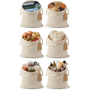 Cotton Storage Bags, XL 14x17 (6 Pack)–Reusable Muslin Drawstring Canvas Fabric Sacks, Bread Bags for Homemade & Sourdough Bread, Grocery & Produce Storage, Washable Food Storage for Travel & Shoes